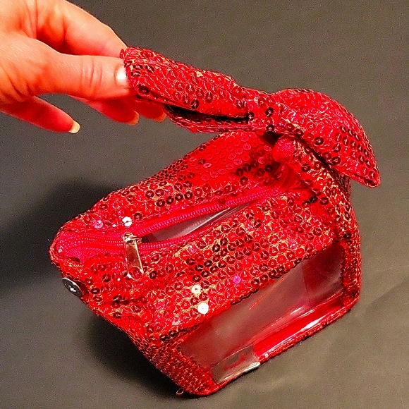 NEW Red Sequined Novelty Evening Clutch, Bow Handle, Transparent Sides, Bow - Picture 8 of 9
